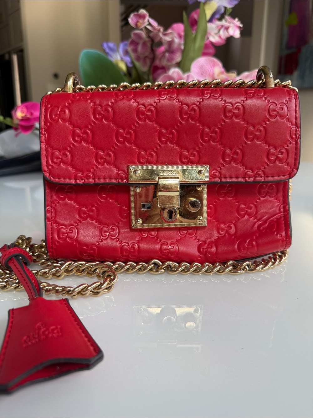 Gucci Gucci Guccissima Red Embossed GG Leather Chain Crossbody
